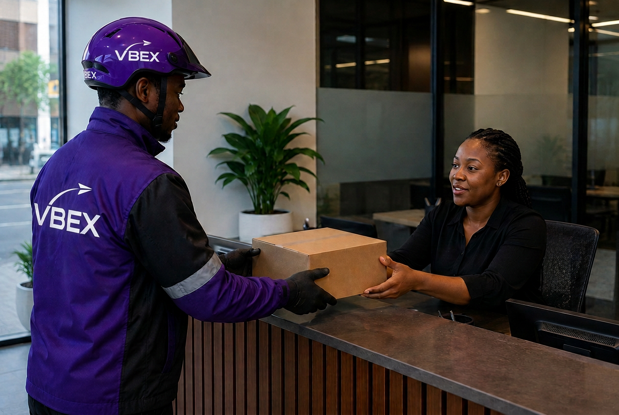 VBEX courier handing over a crimson package inside a corporate office
