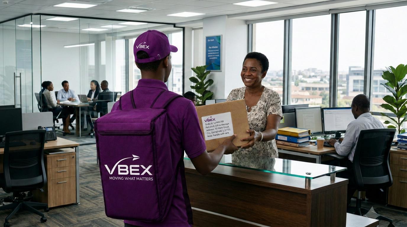 VBEX courier delivering a parcel to a smiling office receptionist