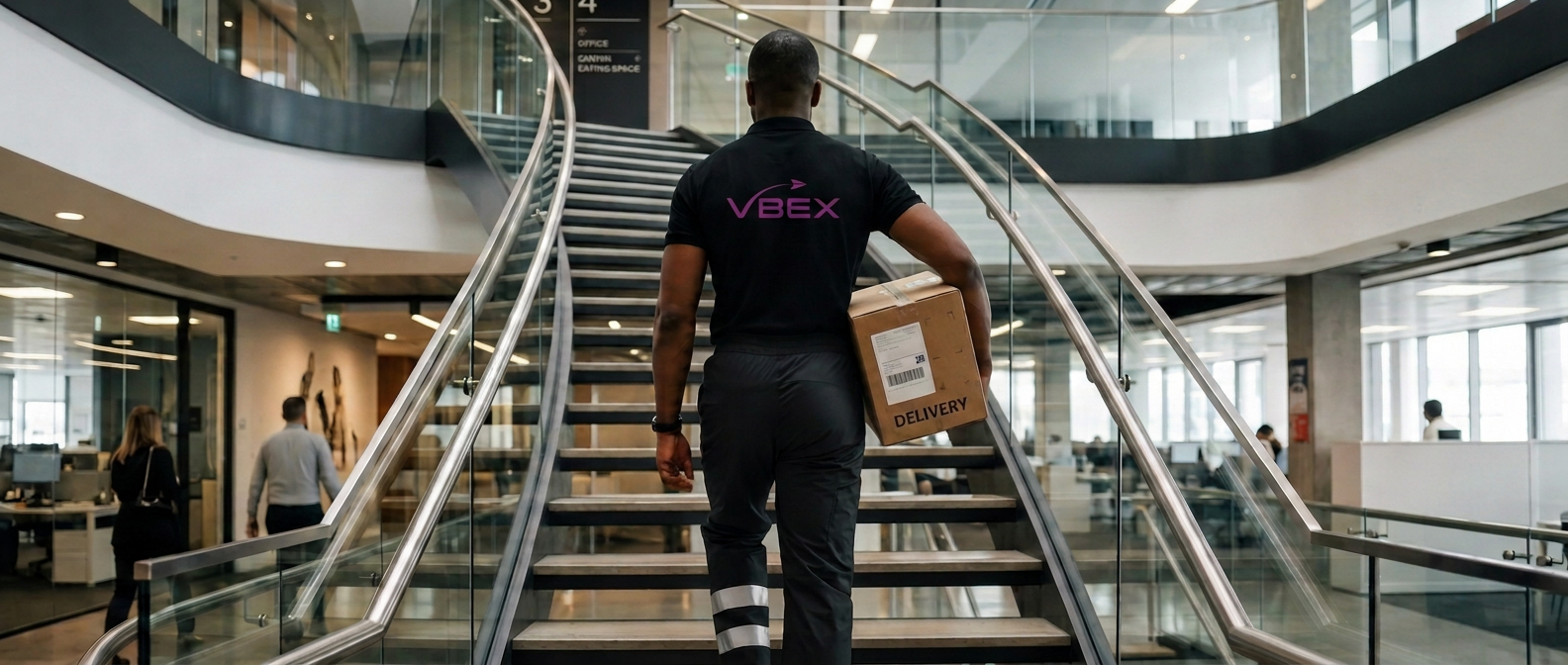 VBEX courier carrying a delivery box up a modern office staircase