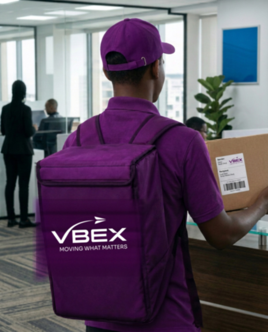 VBEX courier delivering a parcel to a smiling office receptionist