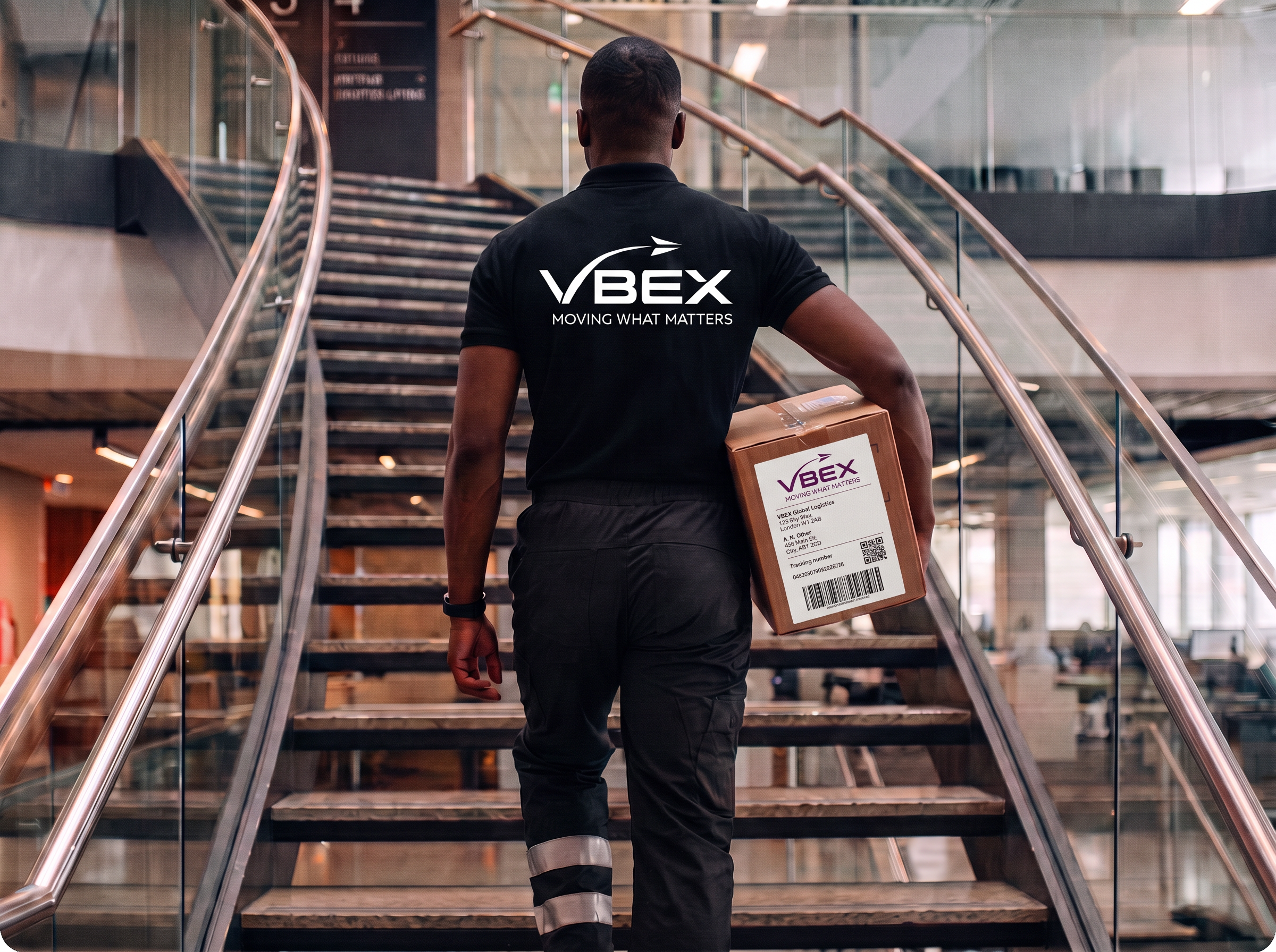 VBEX courier carrying a delivery box up a modern office staircase